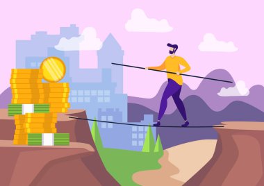 Yoksulluk ve zenginlik arasındaki boşluğu. Tarafından ip para doğru yürüyen adam. Para çekme ve para için risk. Zengin adam. Başarı için yol. Kariyer kavramı. Mali ilerleme. İş başlangıç. Vektör Eps 10.