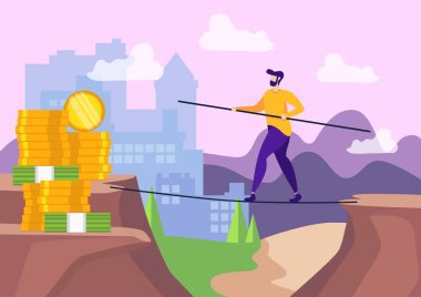 Gap Between Poverty and Wealth. Man Walking by Tightrope Toward Money. Risk for Cash and Coins. Man Getting Rich. Way to Success. Career Concept. Financial Progress. Business Startup. Vector EPS 10. clipart