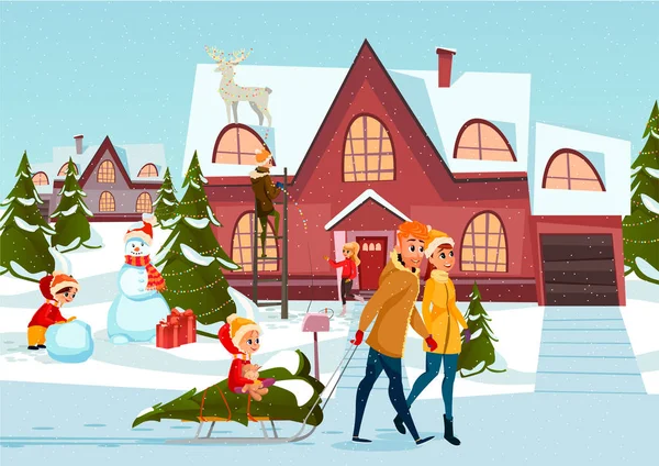 Christmas Outdoor Happy Family Walking Together Pulling Kid Sleigh People — Stock Vector