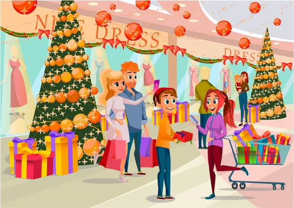 Christmas Shopping in Supermarket. Family Takes Photo near New Year Tree. Happy Men and Women. Shoppers Got Discount. People Buy Presents. Dress Sale. Decorated Fir Trees in Mall. Vector EPS 10.