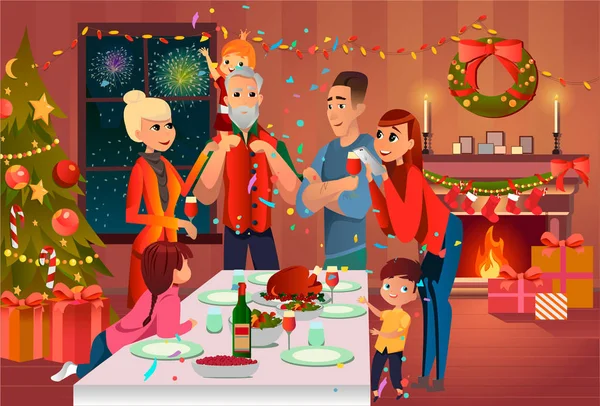 Familia Feliz Tiene Cena Navidad Madre Toma Fotos Padres Hijos — Vector de stock