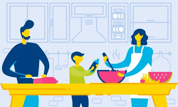 Famiglia Cucina Cucinare Casa Persone Che Cucinano Insieme Figlio Aiuta — Vettoriale Stock