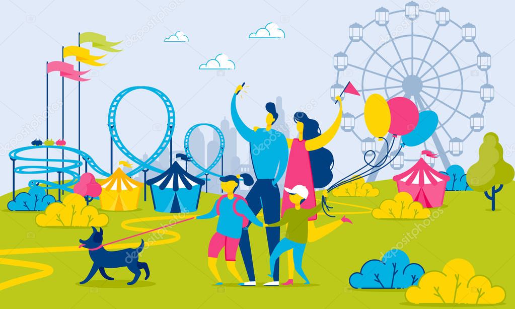 Family Walking by Amusement Park. Roller Coaster, Tents and Ferris Wheel. Summer Urban Landscape. Kid Holds Balloons. Father Takes Photo. Mother and Children Hold Dog. Summer Vacation. Vector EPS 10.
