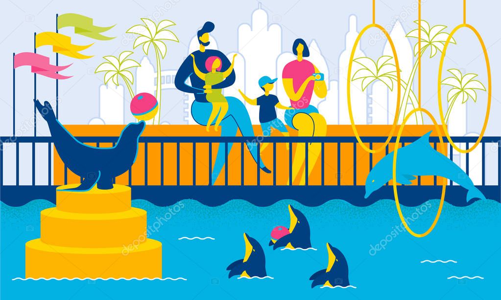 Family in Dolphinarium Together. Dolphins and Fur Seals Perform. Mother, Father and Kids Watching Show. Animals Swim and Play Ball. Jump through Hoops. Family in Zoo. Circus, Aquarium. Vector EPS 10.