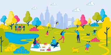 City Park'ta Aile Hafta sonu. İnsanlar dışarıda piknik var. Aileler öğle yemeği yer. Kızı Uçurtma Oynuyor. Oğlu Köpekle Oynuyor. İnsanlar top oynar. Yaz tatili. Doğa ve Peyzaj. Vektör Eps 10.