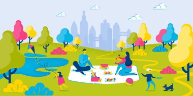 İnsanlar dışarıda piknik var. City Park'ta Birlikte Aile. Aileler öğle yemeği yer. Kızı Uçurtma Oynuyor. Oğlu Köpekle Oynuyor. Anne, baba ve çocuklar. Yaz Tatili, Manzara. Vektör Eps 10.