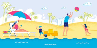 Seashore'da Aktif Rekreasyon. Adam ve Çocuklar Top Oynar. Kumdan Kale Binası. Kadın Şemsiyenin Altında Dinleniyor. Beach Together'daki aile. Anne, baba ve çocuklar. Yaz tatili. Vektör Eps 10.
