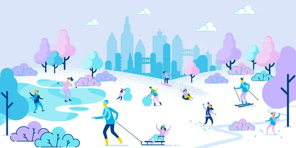 家族の冬の活動 スキー スケート そりシティパーク雪だるまを作る人たち子供と親は屋外で楽しい時間を持っています 都会の雪景色 家族の週末 クリスマス休暇ベクトルエプス — ストックベクタ