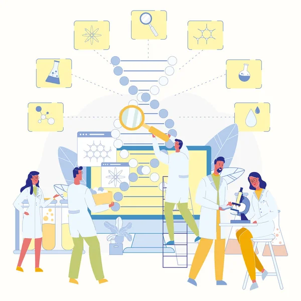 Tıbbi araştırma bilim adamları DNA molekülünün eğitim. — Stok Vektör