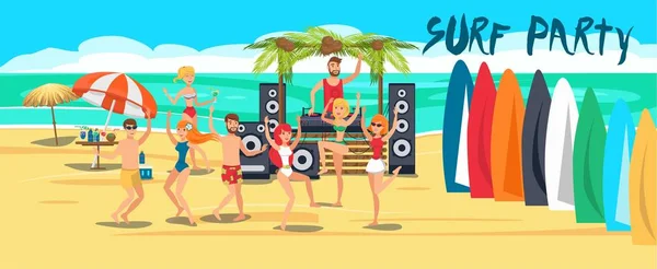 Surf party banner modello piatto — Vettoriale Stock