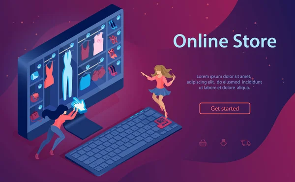 Petites femmes sur le clavier PC Acheter des vêtements en ligne . — Image vectorielle