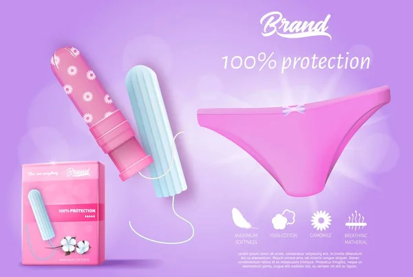 Låda med hygieniska tamponger rosa kvinnliga kalsonger. — Stock vektor