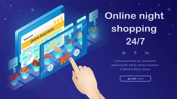 Online-Lebensmittelgeschäft Night Shopping Hand Wasserhähne Tablet. — Stockvektor