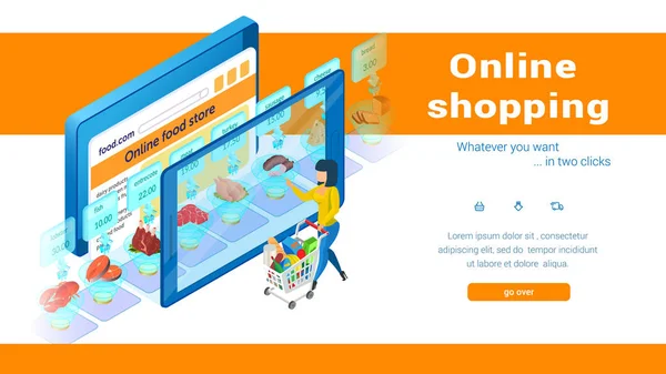 Online Food Shopping kleine vrouw met kar koopt. — Stockvector