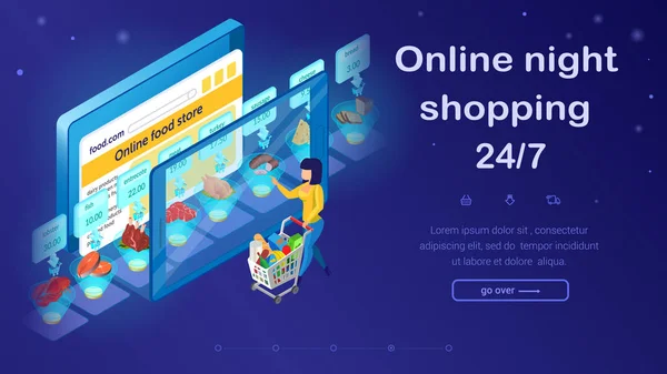 Internetowy sklep spożywczy nocne zakupy, Strona docelowa. — Wektor stockowy