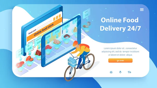 Internet Food winkel jongen door fiets 24 7 levering. — Stockvector