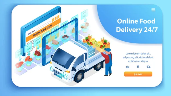 Online rozvoz jídel načítání Truck s potravinami. — Stockový vektor