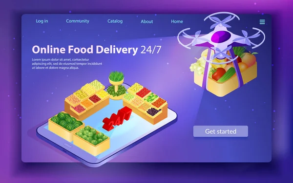 24 7 礼拝で無人機による食品配達. — ストックベクタ