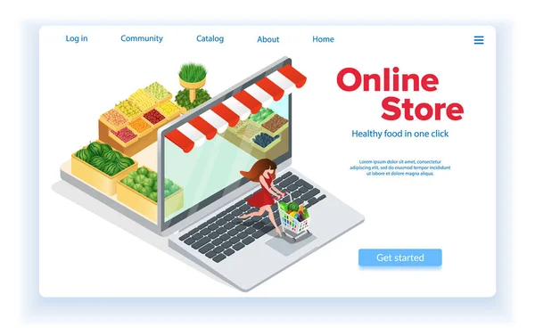 Vrouw met boodschappen kar klant koopt voedsel Online. — Stockvector