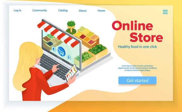 Žena objednávání potravin on-line internetový obchod v Pc. — Stockový vektor