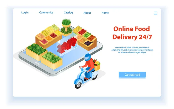Consegna di cibo dal supermercato motociclistico online . — Vettoriale Stock