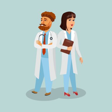 Profesyonel Tekdüzen vektör çizim doktor. Hemşire, sağlık görevlisi çizgi film karakterleri gülümseyerek. Sağlık ve tıp düz çizim. Hastane personeli Clipart izole. İş, meslek