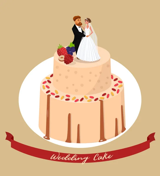Bruidstaart met jonggehuwden vectorillustratie — Stockvector