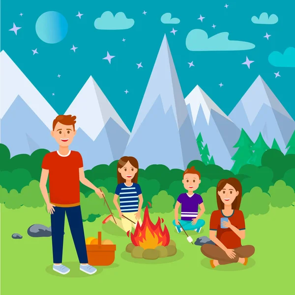 Summer Camping in Mountains Cartoon Illustration — Stock Vector