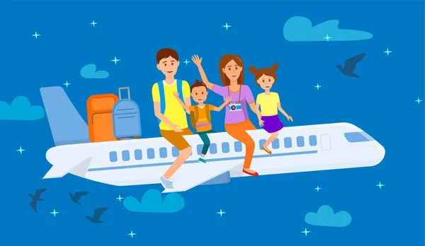 Família sentada no avião Desenhos animados ilustração —  Vetores de Stock