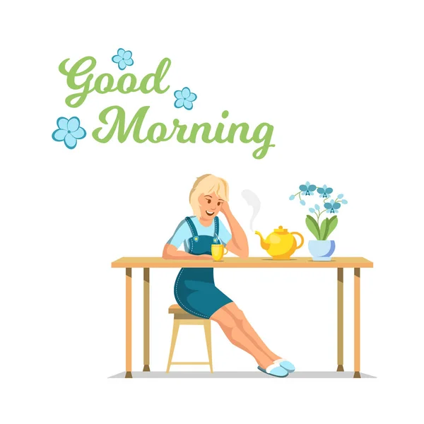 Bannière plate vectorielle Bonjour jeune fille assise — Image vectorielle