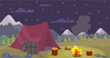 Vektör düz gece dağlar kamp kamp ateşi yakmak.