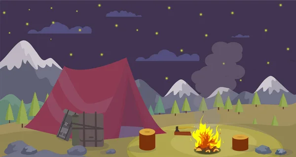 Vector platt natt Camping bergen bränna lägereld. — Stock vektor