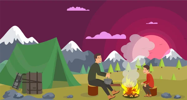 Vektor Illustration Wanderung mit Lagerfeuer. — Stockvektor