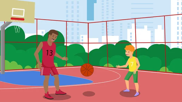 Vector Flat Father au City Park Basketball Court . — Image vectorielle