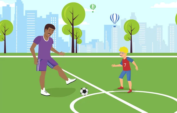 Vecteur plat papa jouer avec fils dans football . — Image vectorielle