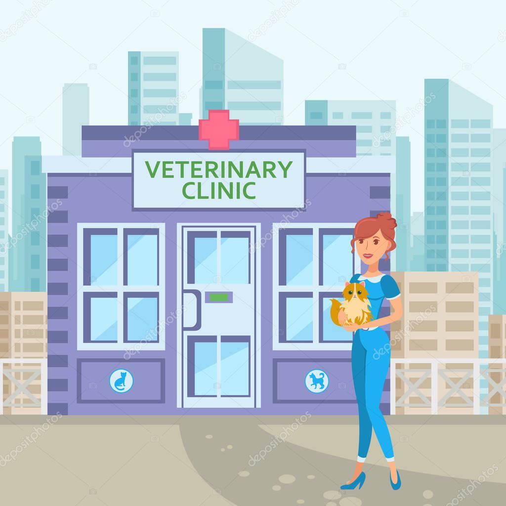 Pet Care Service in Townscape Flat Illustration. Veterinary Clinic Building. Pet Lover and Fluffy Dog Cartoon Character. Human and Animal Relationship. Animal Hospital Drawing Vector