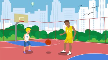 Vektör düz basketbol sahası baba ve oğlu oyun.