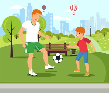 Vektör düz baba oğluyla çalış futbol öğretir.