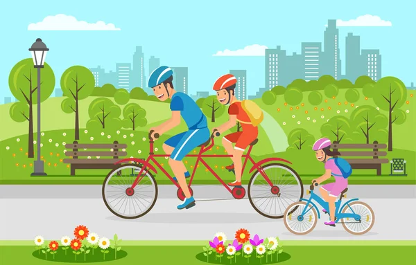Giro in bici per famiglie attraverso il parco cittadino in estate . — Vettoriale Stock