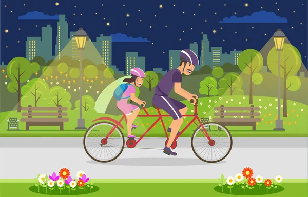 Happy Time spacer dziecka na rowerze w godzinach wieczornych. — Wektor stockowy