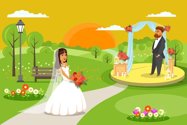 Ceremonia de boda al aire libre, Ilustración plana de fiesta — Archivo Imágenes Vectoriales