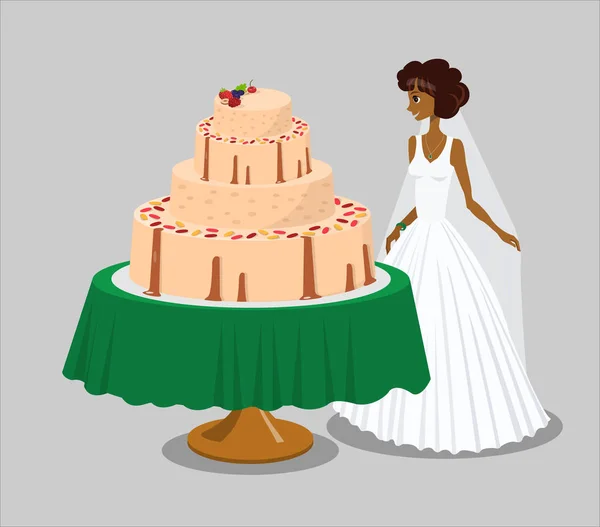 Novia cerca de Pink Wedding Cake Vector Illustration — Archivo Imágenes Vectoriales