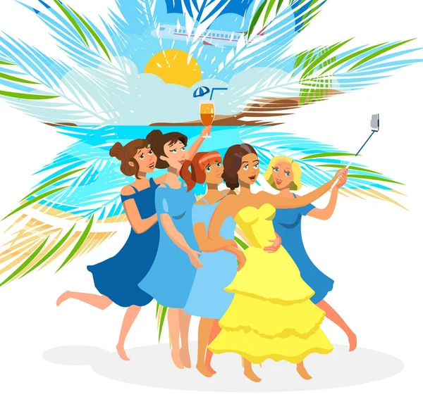 Girls taking Selfie on Beach Vector Design Element — Stock Vector