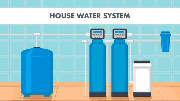 Bannière Web de bande dessinée de système d'eau de maison avec le texte — Image vectorielle