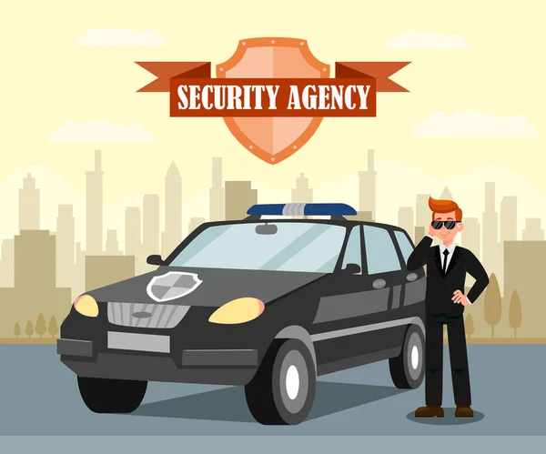 Geheim Agent en auto platte vectorillustratie — Stockvector