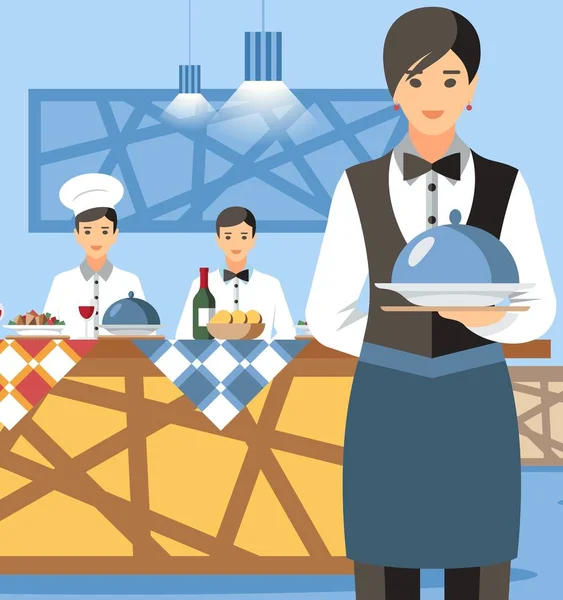 Cameriera Holding piatto con coperchio personaggio dei cartoni animati — Vettoriale Stock
