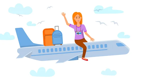Jovem mulher sentada no avião plana ilustração —  Vetores de Stock