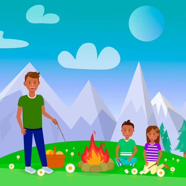 Camping met familie Vector Square Poster, briefkaart — Stockvector