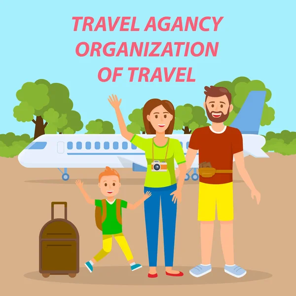 Uçak sosyal medya afiş tarafından seyahat aile — Stok Vektör