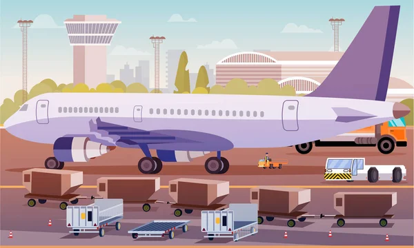 Transporte de carga por avión Ilustración plana . — Vector de stock